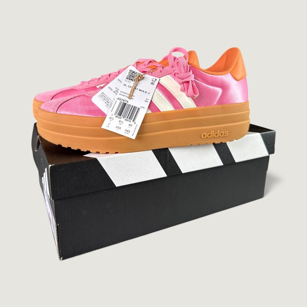 Adidas VL Court Bold J Sneakers Youth 7 Pink Orange Gum JQ1875 New Platform